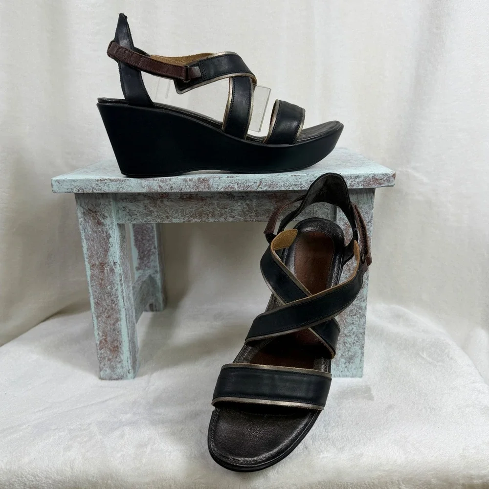 Naot Wedge Sandals Women‎ 42 Black Brown Leather Strappy Platform Comfort Shoes